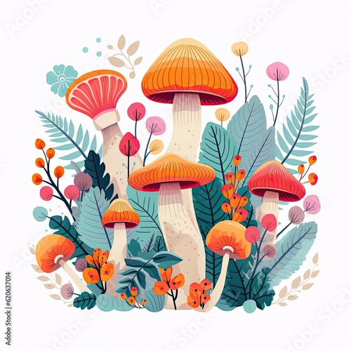 Psychedelic mushrooms colorful illustrations, Psilocybin magic psychoactive mushroom, Simple vector colorful flat illustration