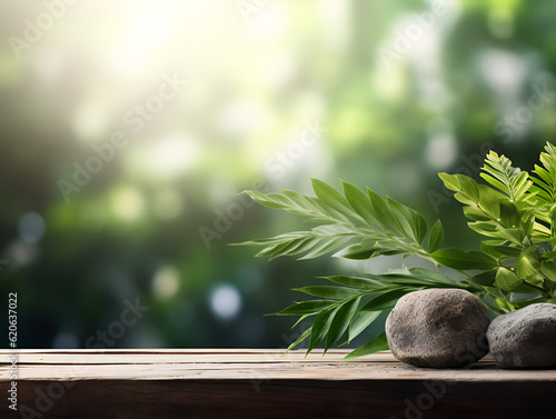Blurred green nature background with wooden table for mockup or product display, table platform with customizable space on table top for editing. 