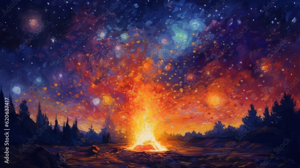 Abstract fire oil painting illustration. Flames of a bonfire against Beautiful night starry sky, Blue Cosmos, galaxy, stars Generative AI