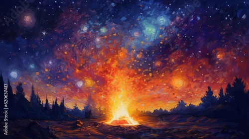Abstract fire oil painting illustration. Flames of a bonfire against Beautiful night starry sky, Blue Cosmos, galaxy, stars Generative AI © Suleyman