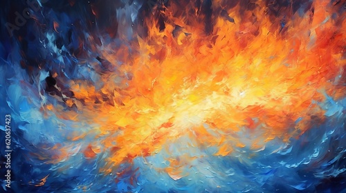 Abstract fire oil painting illustration. Flames of a bonfire against Beautiful night starry sky, Blue Cosmos, galaxy, stars Generative AI