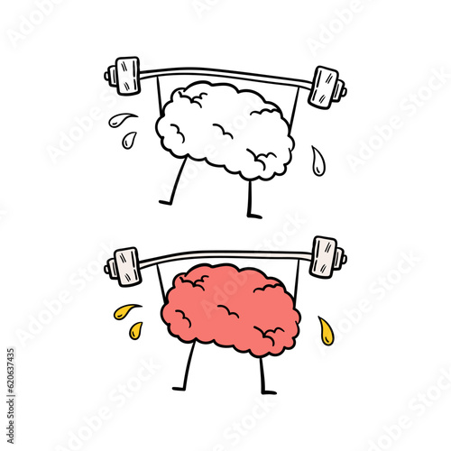 Hand drawn illustration of human brain lifting a barbell. Motivational mental health doodle icon vector drawing