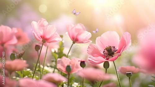 Beautiful pink flower anemones fresh spring morning on nature and fluttering butterfly on soft green background Generative AI