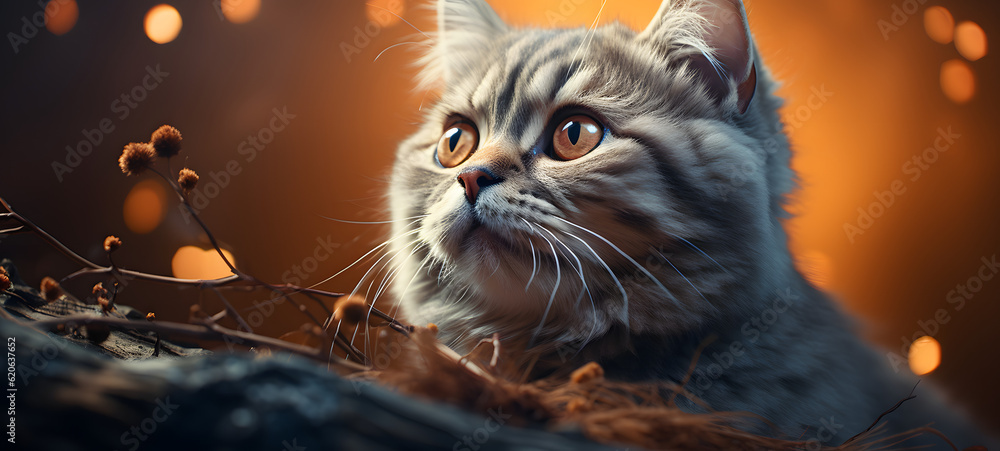 Photograph of an adorable cat sitting autumn forest background with Generative AI