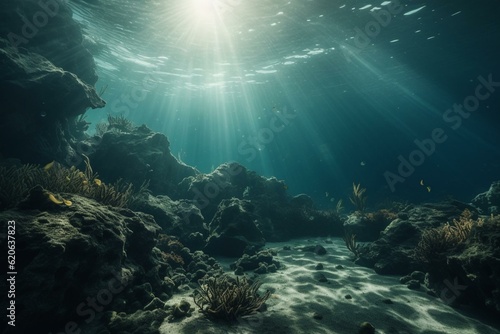 Underwater view of ocean floor. Generative AI