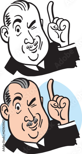 A vintage retro cartoon of a mature businessman pointing up at something interesting. 