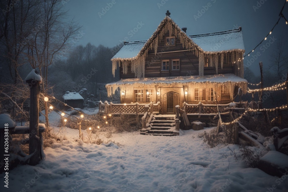 Decorated winter house amidst snowy landscape. Festive season. Generative AI