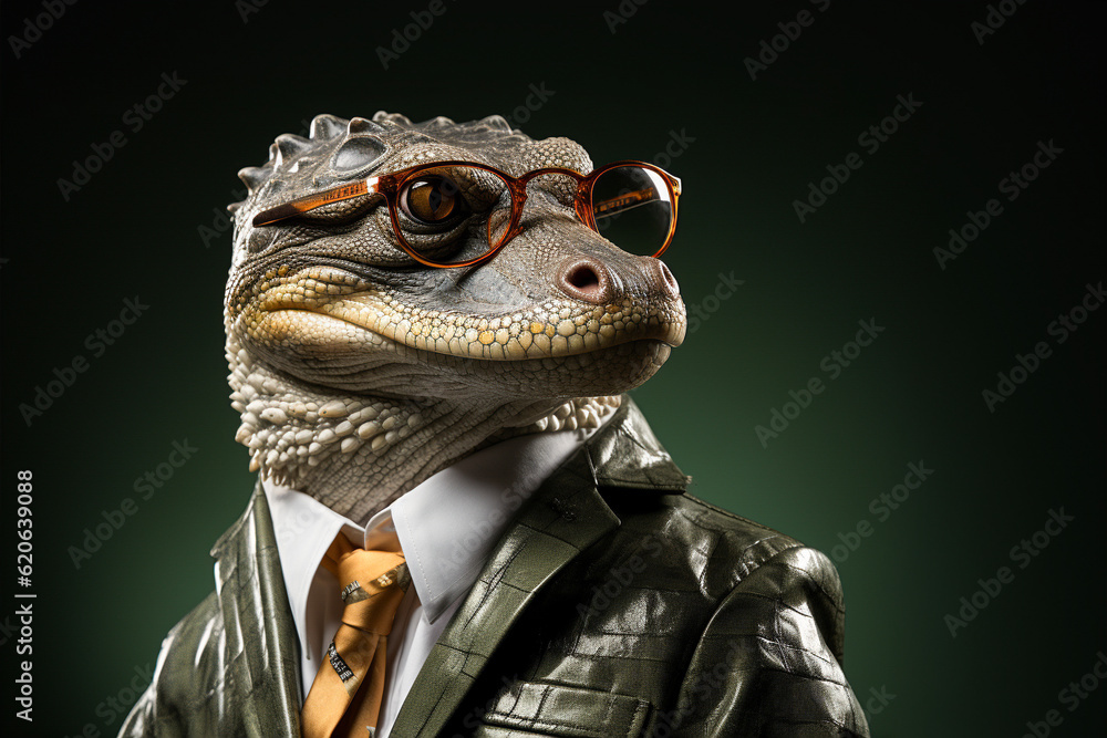 Portrait of alligator with sunglasses wearing leather jacket and tie on solid background. Generative AI. Portrait of alligator with sunglasses wearing leather jacket and tie on solid background. Generative AI.