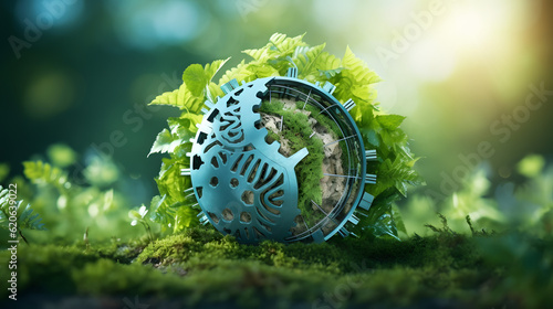 Natural climate solutions concept. Action for avoid greenhouse gas emissions and increase carbon storage in forests, grassland and wetlands. Gears and globe with leafs on nature background

