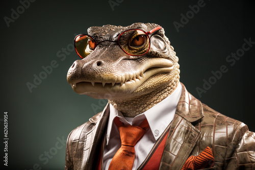 Portrait of crocodile with sunglasses wearing leather jacket and tie on solid background. Generative AI.