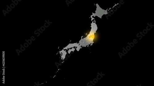 平衡投影で見る金属調の日本列島で金色に輝く福島県.