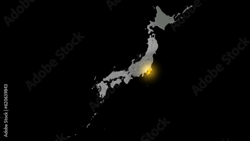 平衡投影で見る金属調の日本列島で金色に輝く千葉県.