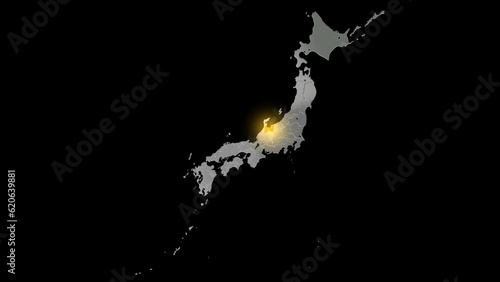 平衡投影で見る金属調の日本列島で金色に輝く富山県.