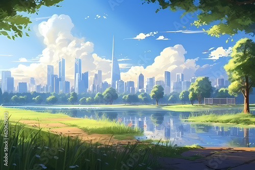 city ​​view seen from far and lake, anime style © hamsah