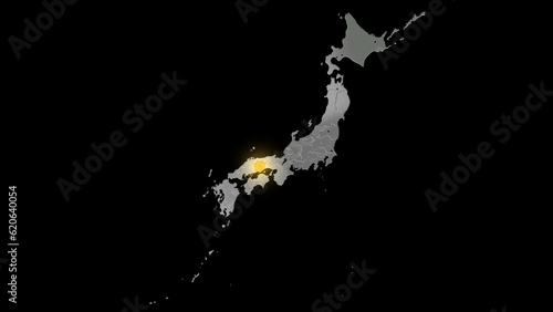 平衡投影で見る金属調の日本列島で金色に輝く岡山県.