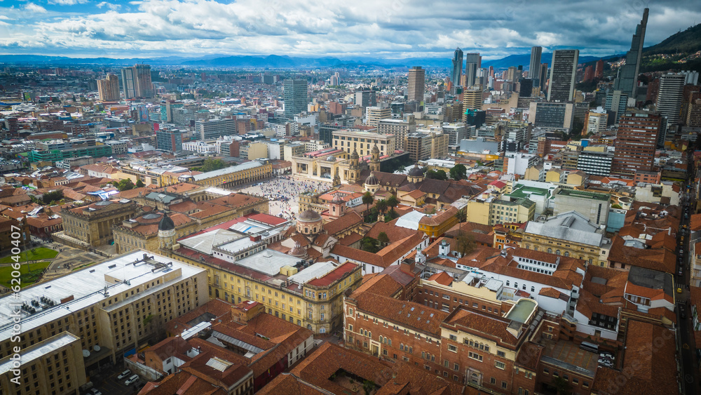 aerial of Bogota colombia capital city with historical downtown and new modern skyline drone 