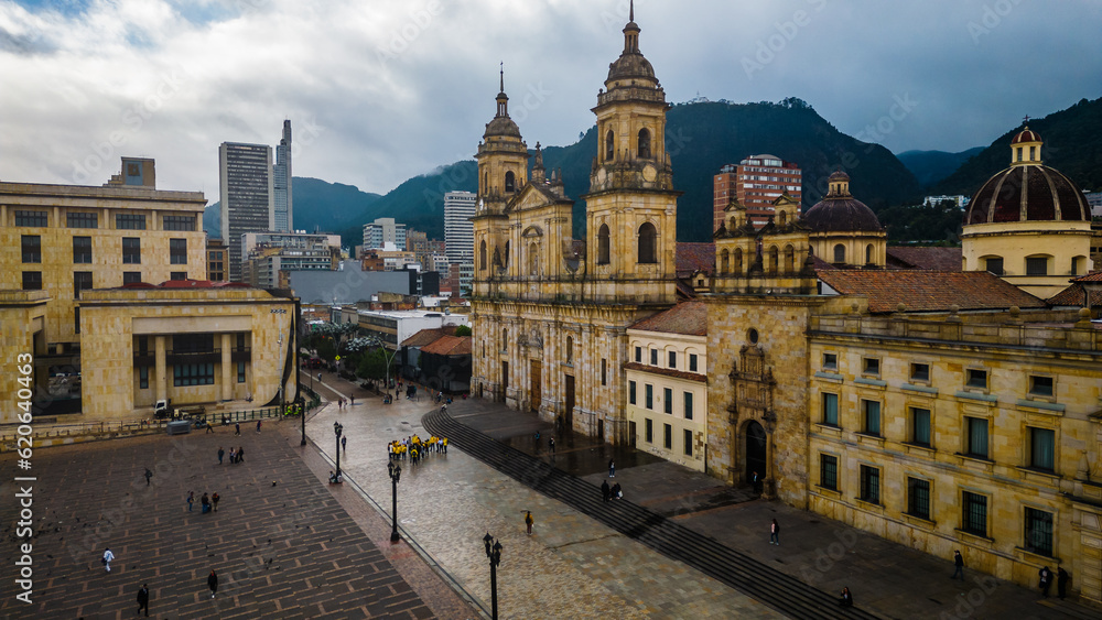 Aerial of Bogota historical Colombia city center Downton Plaza de Bolívar and metropolitan cathedral