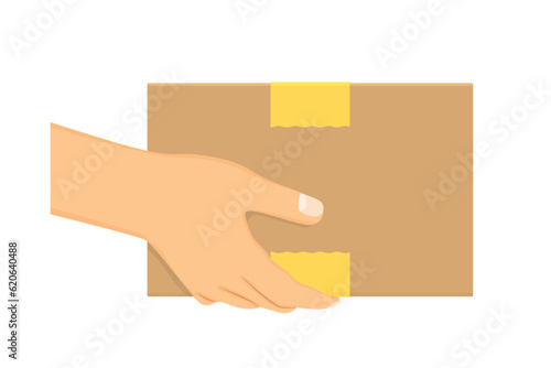 hand holding paper box package; express delivery, courier, shipping concept - vector illustration
