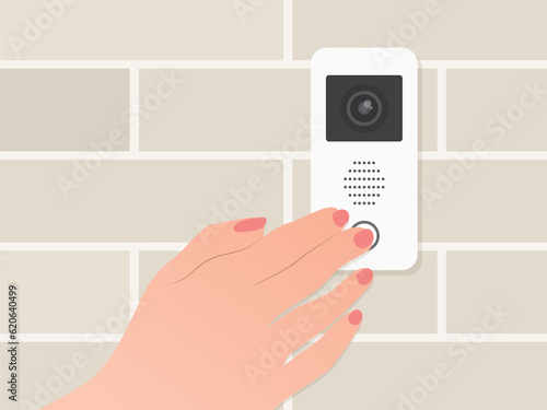 woman hand pressing the house intercom with camera- vector illustration