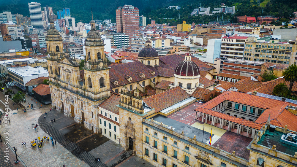 drone above Bogota historical square city Downton capital of Colombia aerial 