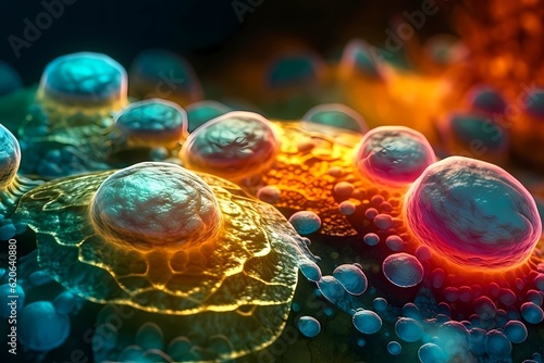 Microscopic macro close up shot of cell and bacteria. Biology, microbiology or chemistry as scientific abstract background. Human cell or molecule virus cell structure visualization. generative ai