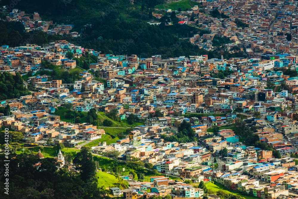 drone reveals Bogota crowded neighbourhood near la Candelaria downtown Colombia aerial capital city 