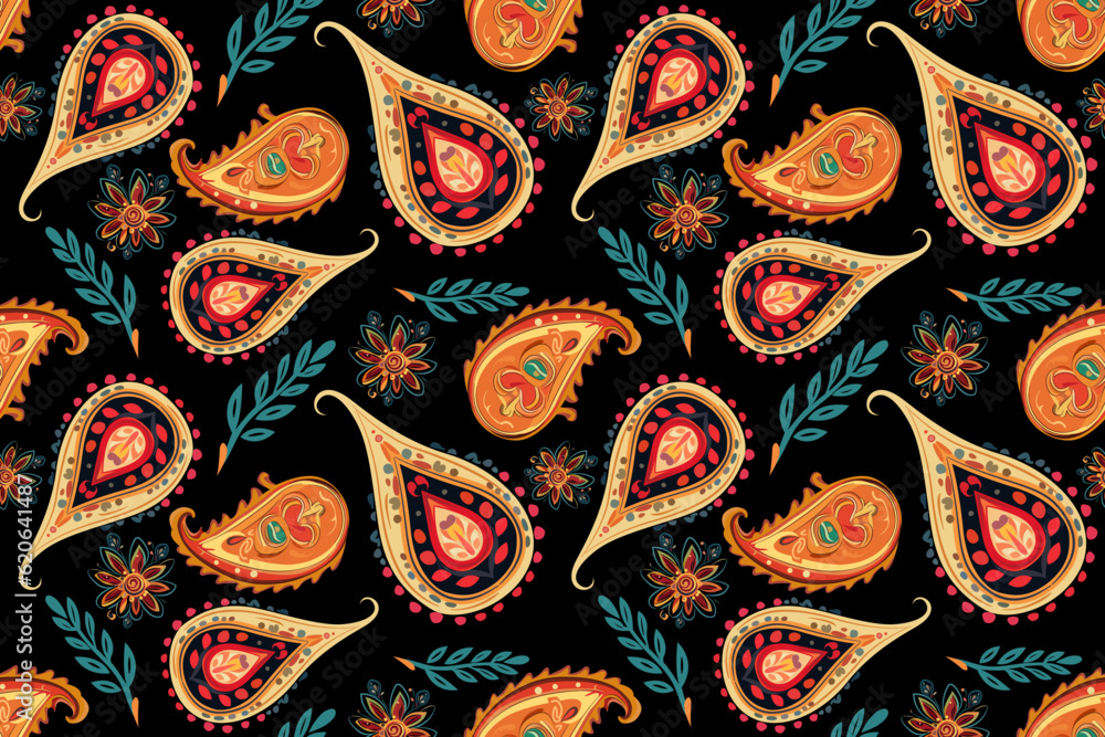Fototapeta premium Seamless ethnic paisley pattern. elegant paisley pattern, allover composition. beautiful Aztec fabric mandala textile native motif carpet paisleys with floral motives.