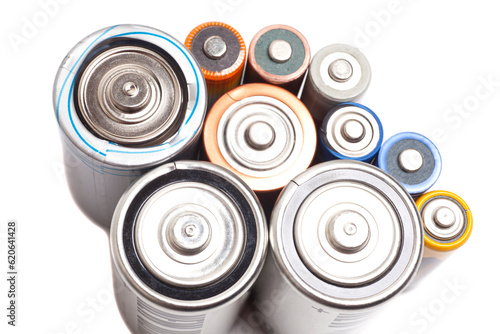 Group of batteries isolated on white background top view. photo