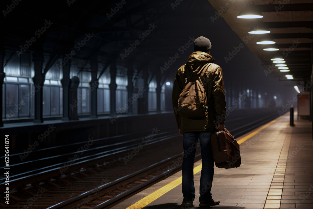 A lone man traveler with back bag and hand bag waiting for a train in the railway station at night. Generative AI.