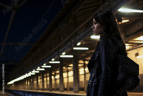 A lone woman traveler waiting for a train in the railway station at night. Generative AI.