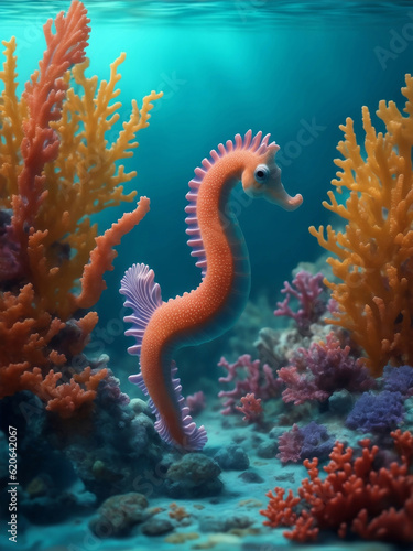 Cute seahorse under the sea, Generative AI Illustration.