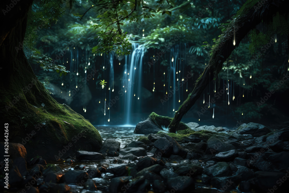 a beautiful magical garden, with waterfalls, with sapucaia trees, and fireflies, ai generated.