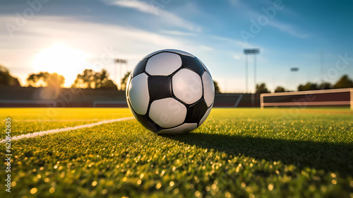 Soccer ball on the field, beautiful lighting, front view. © ArturSniezhyn