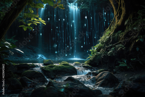 a beautiful magical garden  with waterfalls  with sapucaia trees  and fireflies  ai generated.