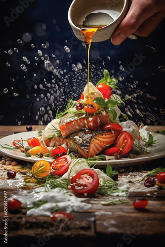 In this charming image for a gastronomic book, the talented hands of chefs, ai generated. photo