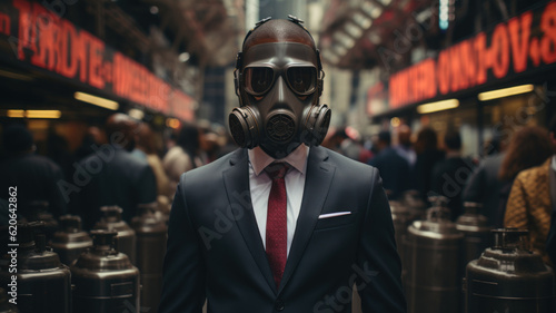 Businessman wearing a gas mask to protect himself from the air pollution. Generative AI.