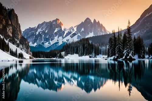 A panoramic view of a serene lake nestled deep within a dense pine forest