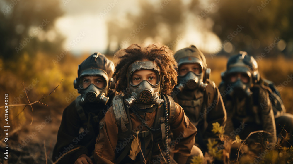 Group of kids in gas masks survives in radiation field. Generative AI.