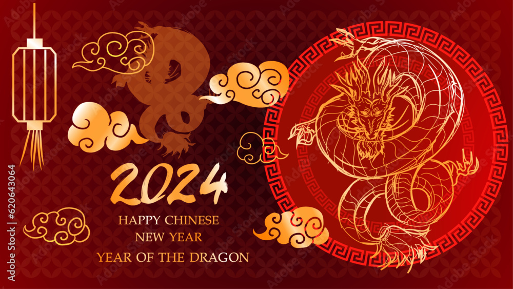Fototapeta premium Year of the Dragon 2024,Chinese New Year Chinese zodiac concept ,A dragon floats in the sky and clouds ,style paper cut pattern