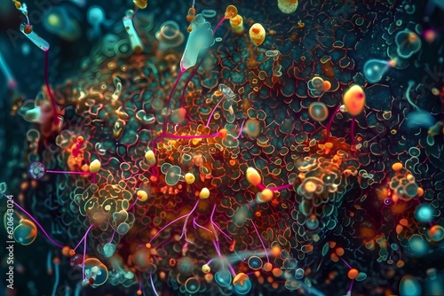 Microscopic macro close up shot of cell and bacteria. Biology, microbiology or chemistry as scientific abstract background. Human cell or molecule virus cell structure visualization. generative ai