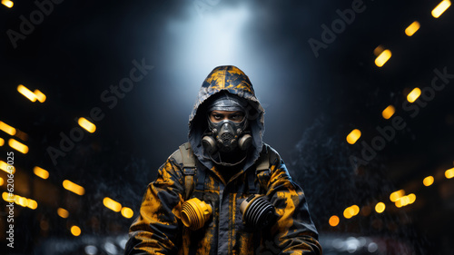Portrait of a man in a gas mask on a dark background. Generative AI. © AS Photo Family