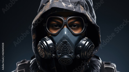 Close-up portrait of black woman in a gas mask on a dark background. Generative AI.