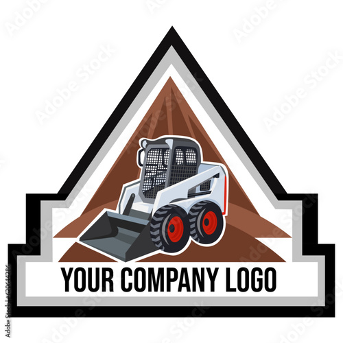 Logo for BobCat works company. BobCat loader on building plot during landscaping, construction and digging works inside triangle form  - vector image. Construction equipment concept 