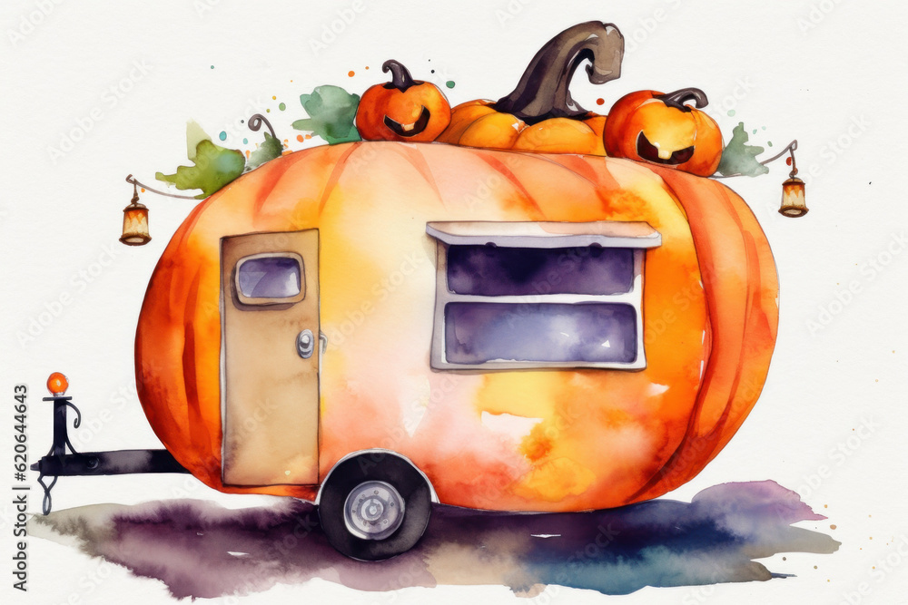 Watercolor colorful vintage camper trailer halloween theme Stock