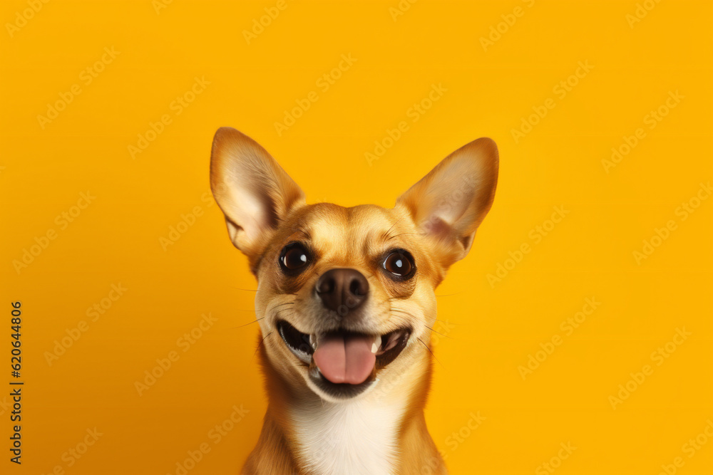 Close-up of a happy Dog on vibrant yellow color background. Generative AI. 