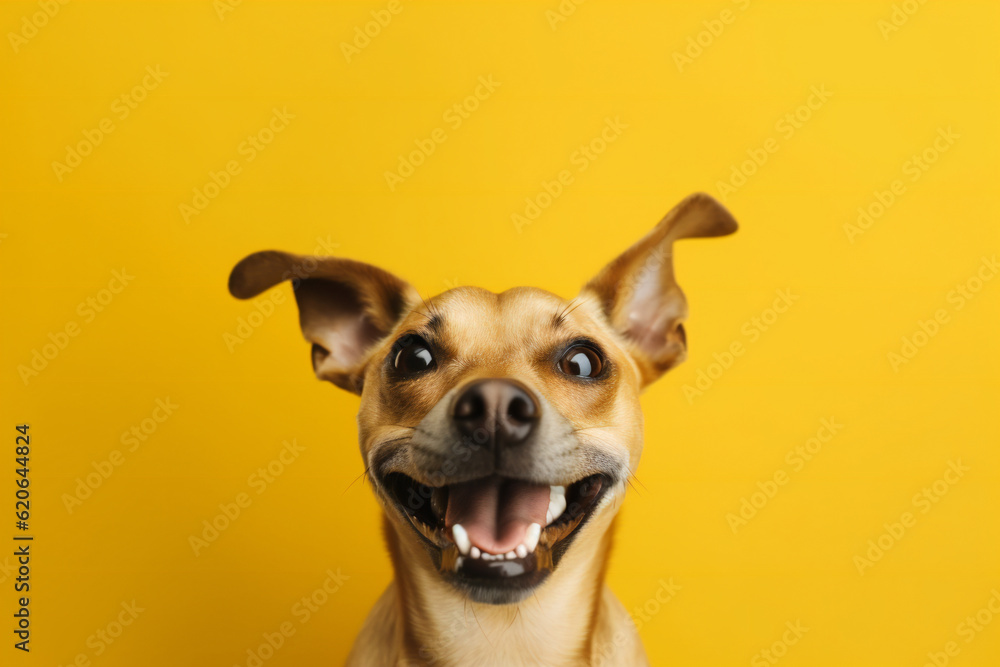 Close-up of a happy Dog on vibrant yellow color background. Generative AI. 