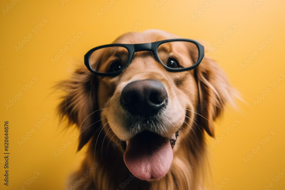 Close-up of a happy Golden Retriever dog wearing glasses on vibrant yellow color background. Generative AI. 