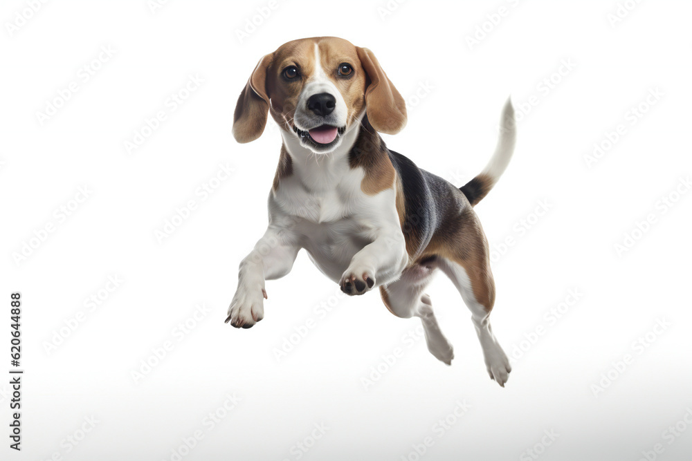 Happy Beagle dog jumping on a white background. Banner concept for pet shop, e commerce pet, veterinary clinics. Generative AI. 