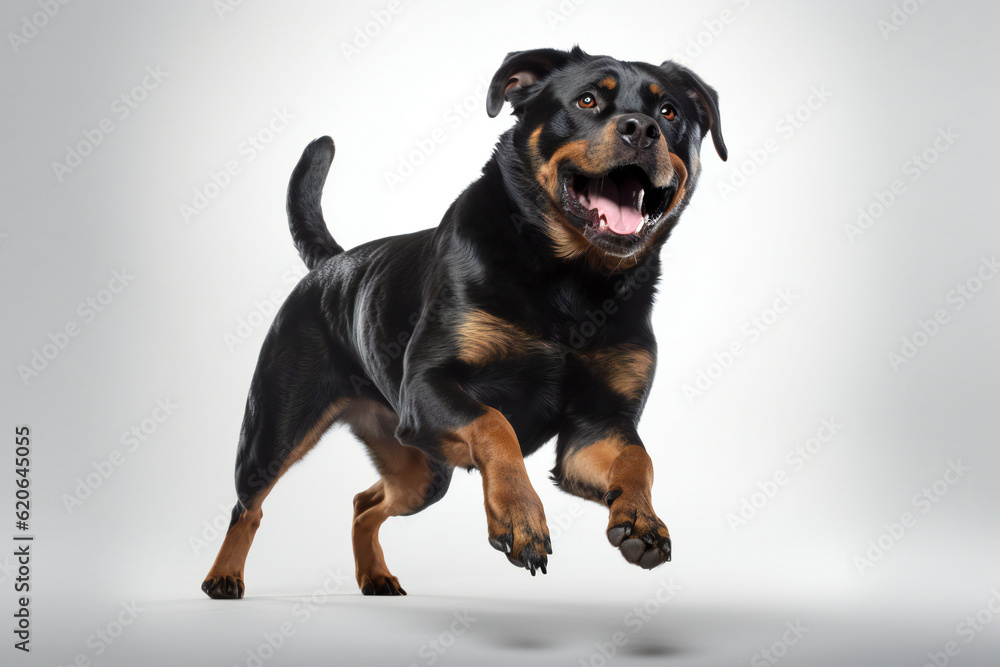 Happy Rottweiler dog jumping on a white background. Banner concept for pet shop, e commerce pet, veterinary clinics. Generative AI. Happy Rottweiler dog jumping on a white background. Banner concept for pet shop, e commerce pet, veterinary clinics. Generative AI.