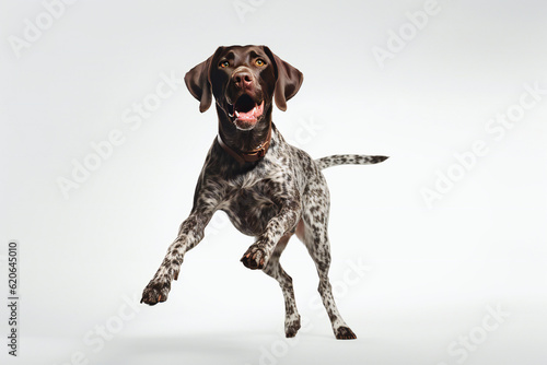 Happy German Shorthaired Pointer dog jumping on a white background. Banner concept for pet shop, e commerce pet, veterinary clinics. Generative AI. 